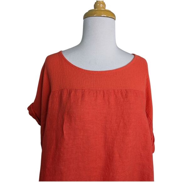 Saiph Lab 100% Linen Orange Tunic Top 3X Textured Knit Yoke Cap Sleeve - Picture 3 of 9